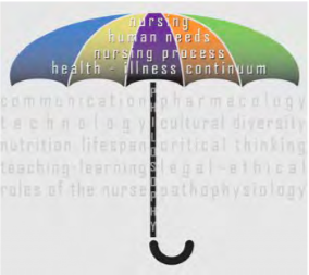 Image of an umbrella with the nursing programs' organizing framework overlaid in text. 